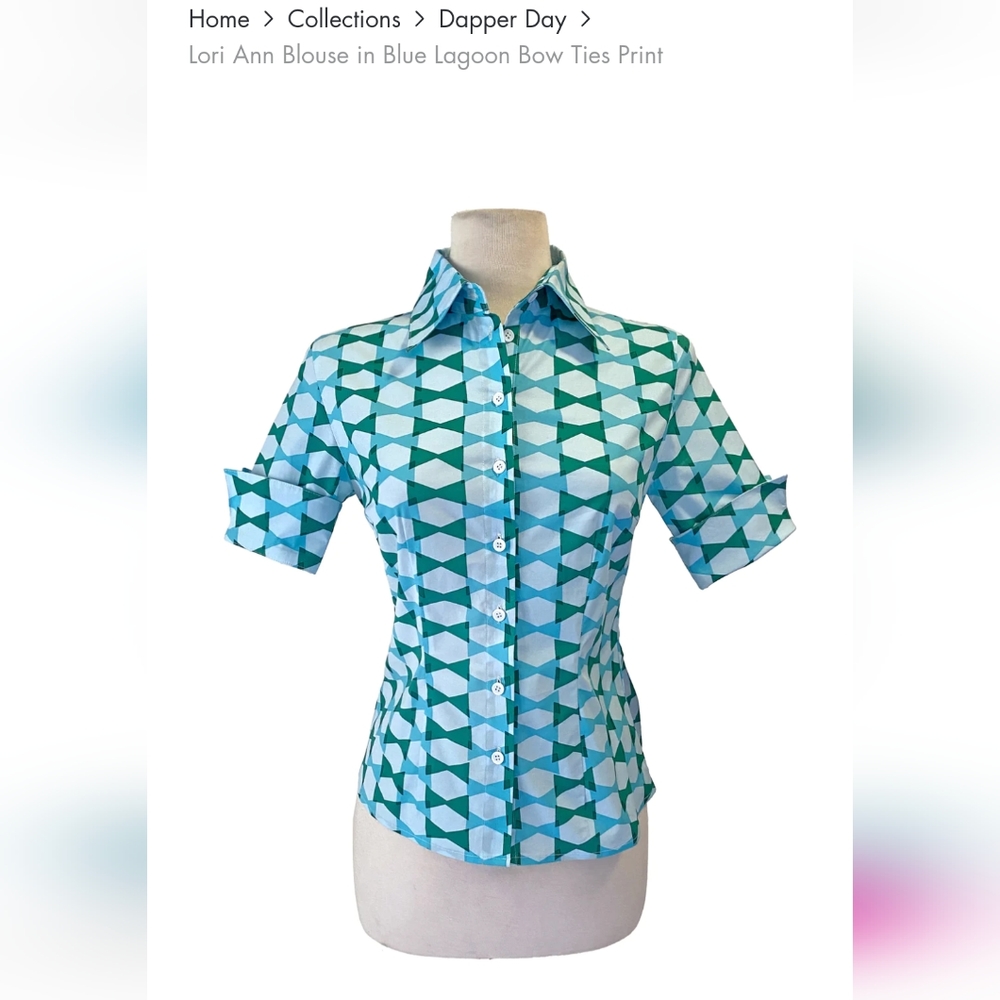 Tatyana Dapper Day Lori Ann Blouse in Blue Lagoon Bow Ties Print Size 2XL NWT